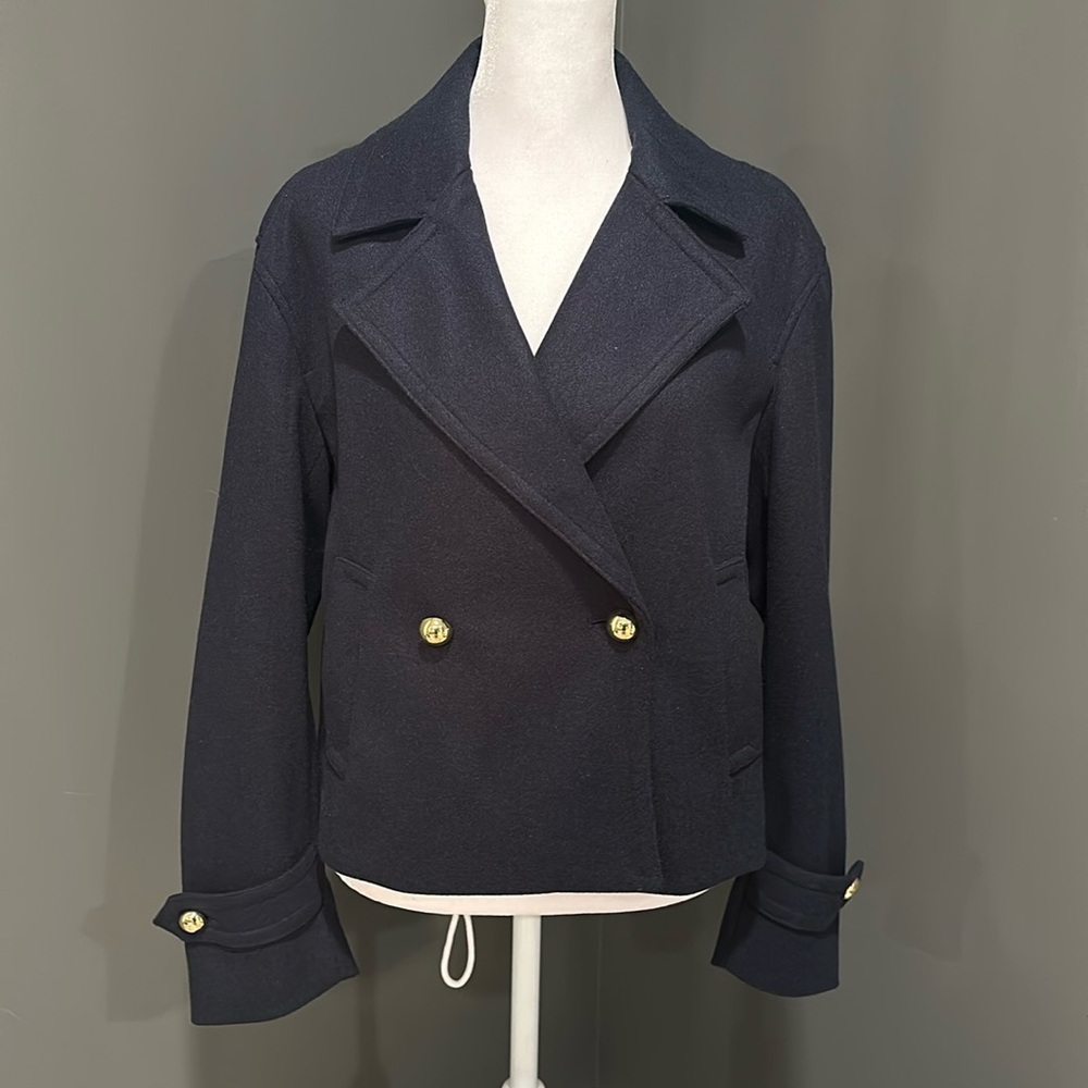 NWT! Zara Cropped Peacoat Blazer Navy Fleece with Gold Hardware
